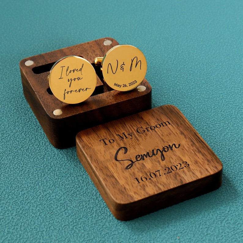 Benutzerdefinierte Manschettenknöpfe Gravur Box Optional, personalisierte Hochzeitstag Manschettenknöpfe für Bräutigam Trauzeugen, Holz Jahrestagsgeschenk, Geschenk für Mann Round Gold -20mm