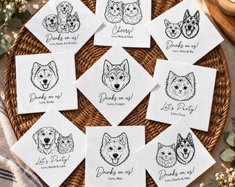Personalized Dog Cat Portrait Wedding Napkins, Custom Cocktail Napkins for 1–3 Pets