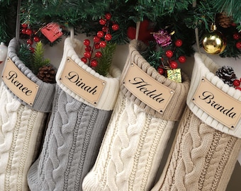 Personalized Knit Christmas Stocking: Custom Leather Name Patch