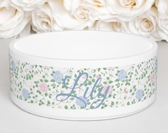 Cuenco de cerámica floral personalizado para perros, plato para mascotas estilo shabby chic, decoración para mascotas estilo cottagecore, elegante cuenco para perros, regalo para mamás perrunas, cuenco personalizado para perros