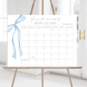 Blue Coquette Bow Guess the Due Date Calendar,Baby&#39;s Birthday Game, Guess the arrival date, DIY Baby Shower Game, BR-1