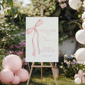Placa de boas-vindas com laço rosa blush EDITÁVEL para chá de bebê, chá de bebê aquarela rosa minimalista vintage, pôster coquete com laço rosa empoeirado PR-1