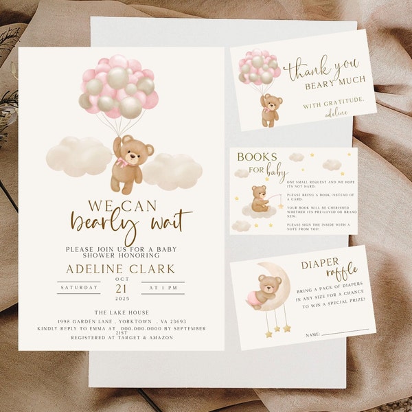 Invitation de baby shower rose modifiable We can Bearly Wait, paquet d'Invitation de baby shower fille ballon ours brun, baby shower fille rose bohème ours