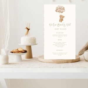 Bearbeitbares Teddybär Boho-Menü für Babyparty, Wir können Bären-Menüvorlage abwarten, Neutrales Babyparty-Menü, Bärenparty-Menü
