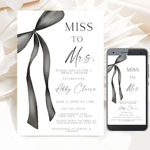 Invitación editable de despedida de soltera con lazo negro de señorita a señora, invitación con lazo coqueto, decoración de fiesta minimalista, elegantes tarjetas de fiesta en blanco y negro