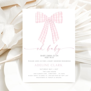 Editable Oh Baby Pink Checkered Bow Baby Shower Invitation Package Pink Bow Baby Shower