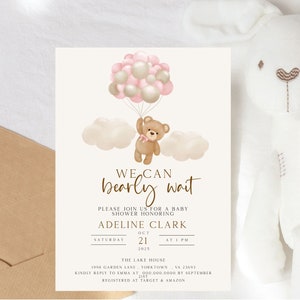 Invito per baby shower rosa We can Bearly Wait Invito per baby shower rosa Boho Bear Baby Shower orsacchiotto modificabile Invito per baby shower rosa Bear-1