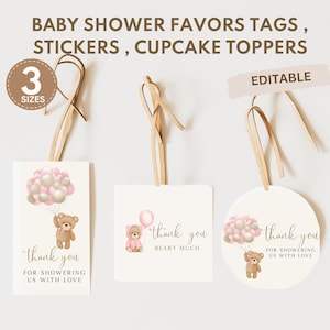 Editable Pink Teddy Bear Baby Shower Gift tag, We Can Bearly Wait Baby Shower Favor Sticker, Boho girl baby shower, PinkBear-1