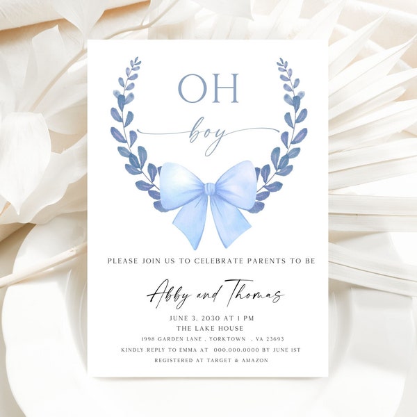 Editable Oh Boy Blue Bow Pastel Watercolor Baby Shower Invitation Floral Monogram Crest Baby Shower Invitation Blue Vintage Bow