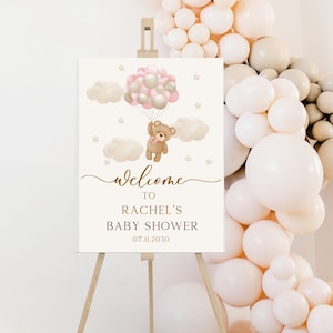 Teddybär-Rosa-Ballon-Babyparty-Willkommensschild, Wir können Bären-Babyparty-Plakat warten, rosa Boho Bärn-Mädchen-Babyparty-Dekor. PinkBear-1