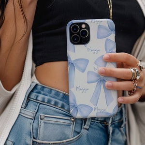 Personalized  Baby Blue Coquette Bow Phone Case ,  Light Blue Ribbon Tough Phone Case for iPhone, Samsung, Google pixel phones, blue bow