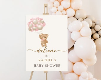 Pink Brown Bear Balloon Baby Shower Welcome Sign We Can Bearly Wait Shower  Pink Boho Bear Girl Baby Shower Decor