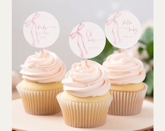 Blush Pink Baby Shower Cupcake Topper: Coquette Ribbon Design (Digital Download)