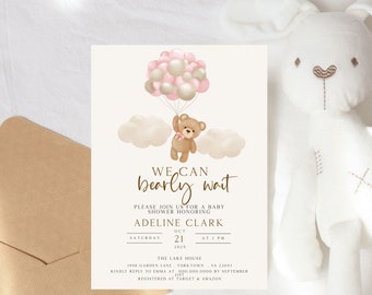 Rosa Bär-Babyparty-Einladung: Boho Teddybär, bearbeitbar (digitaler Download)