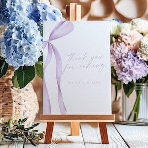 Letreros para baby shower con lazo morado minimalista editable, cinta lavanda, decoración minimalista lila para fiesta de bebé, letreros de mesa imprimibles