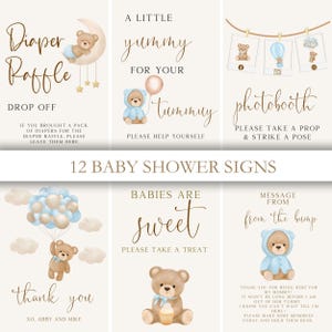 Editable Blue Teddy Bear Baby Shower Signs We Can Bearly Wait Boho Boy Bear Baby Shower Decor Baby Bear Shower Games BB-1