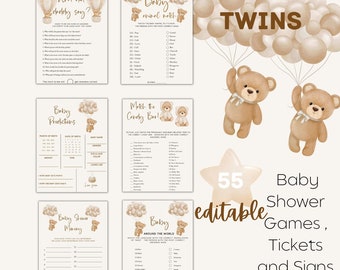 May include: A set of 55 printable baby shower games, tickets, and signs featuring a brown teddy bear theme. The games include "What did Chelely Say?", "Baby Animal Match", "Match the Candy Bar", "Baby Shower Memory", and "Baby Around the World".