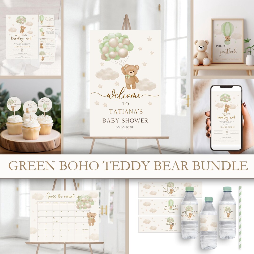 Editable Green Teddy Bear, We Can Bearly Wait Bear Baby Shower Bundle ...