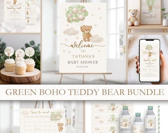 Green Boho Teddy Bear Baby Shower Bundle (Digital Download)