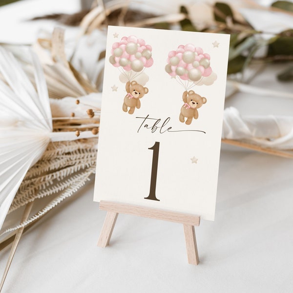 Editable Twin Pink Teddy Bear Balloons Baby Shower Table Number Set,  We Can Bearly Wait , We Are Beary Excited Twin Girls Shower Theme