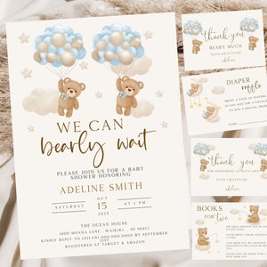 Twin Boys Teddy Bear We Can Bearly Wait Baby Shower Invitation Editable Twin Boys Shower Invitation Boho Bear Baby Shower
