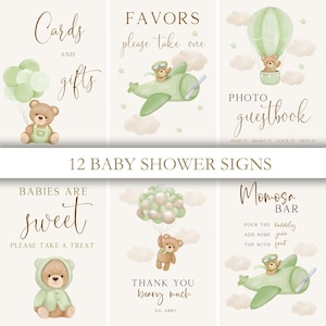 Bearbeitbare Salbei-grüne Teddybär-Babypartyschilder, Nachricht vom Bauch, Karten, Geschenke, Bücher für Baby, Windelraffleschilder. DE-1