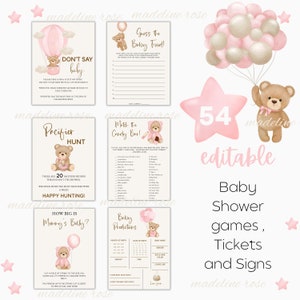 Pacchetto di giochi per baby shower modificabili con orso bruno e palloncini rosa, pacchetto di giochi per baby shower, giochi con orsi boho rosa e cartelli per la doccia, PinkBear-1