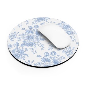 Blau und Weiß Toile De Jouy Französische Vintage Blumen Mauspad, Computer Schreibtischzubehör, runde Mausunterlage, elegantes Geschenk