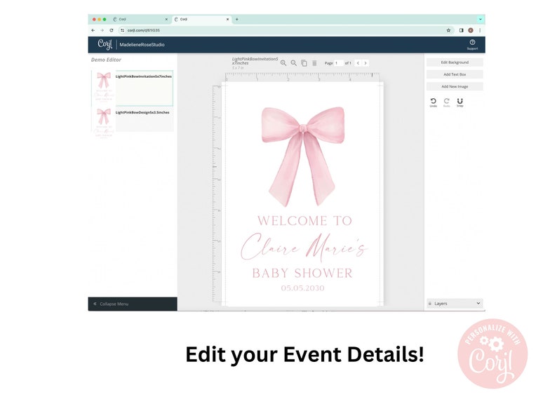 K&ouml;nnte beinhalten: Eine rosa-wei&szlig;e Babyparty-Einladung mit einer Aquarell-Schleife und dem Text "Willkommen zur Babyparty von Claire Marie 05.05.2030".