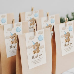 Editable Beary First Birthday Favor, Blue Bear with Balloon, Party Tags, Thank you Beary Much, Bear Boho Theme  Party Decor