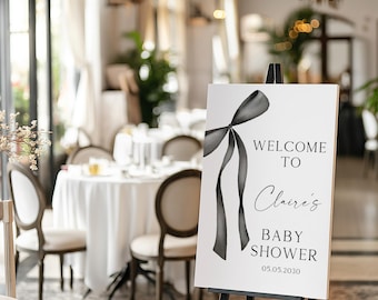 Black Coquette Bow Baby Shower Welcome Sign: Editable Minimalist Design