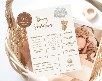 May include: A printable baby shower game card with a brown teddy bear holding balloons. The card has a calendar for the month and date of birth, as well as sections for the baby's name, gender, eye and hair color, weight, time of birth, and who the baby looks like. The card also includes the text "54 Games and Signs" and "Baby Predictions".