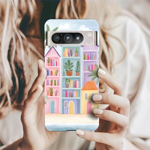 Custodia rigida per Google Pixel, libreria in riva al mare, libri estivi dipinti a mano sulla spiaggia, cover protettiva per telefono, regalo unico, telefono personalizzato