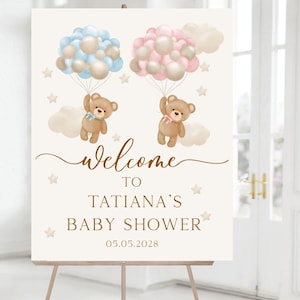 Bearbeitbares Teddybär-Zwillings-Babyparty-Willkommensschild (Digitaler Download)