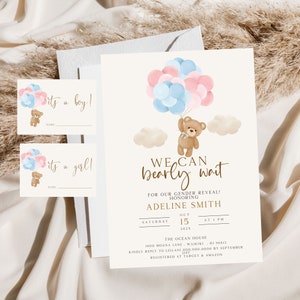 Invitación para fiesta de revelación de género Osito de peluche Globos azules y rosados Juegos para fiesta de revelación de género Tarjetas de votación para niño o niña Osito boho rosa y azul