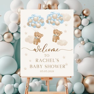 Cartello di benvenuto per bambini gemelli modificabile con orsacchiotto Baby Shower Possiamo aspettare con pazienza Cartello di benvenuto per baby shower Orsetto blu Decorazione per baby shower