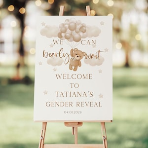 Gender Reveal Neutral We Can Bearly Wait Welcome Sign, Poster Boho Watercolor Bear con palloncini, Festa orsetto marrone, Gender Neutral