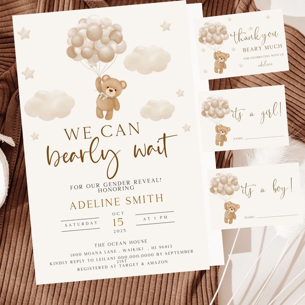 Gender Neutral Gender Reveal Invitation  Boho Watercolor Bear with Balloons invite Teddy Bear Brown Gender Reveal Party