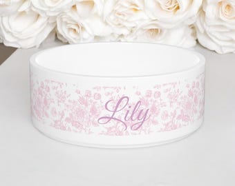 Comedero de cerámica personalizado para mascotas, plato para perros con estampado floral rosa estilo toile, decoración cottagecore para mascotas, comedero shabby chic para perros, regalo para mamás de perros, comedero estético para mascotas