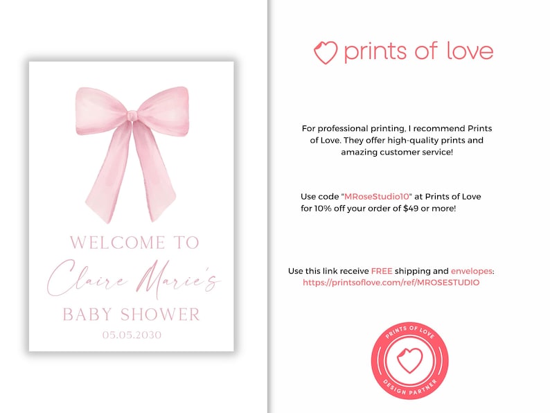 K&ouml;nnte beinhalten: Eine rosa Aquarell Schleife auf wei&szlig;em Hintergrund. Der Text "WELCOME TO Claire Marie's BABY SHOWER 05.05.2030" befindet sich unter der Schleife.