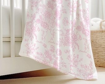Manta de Bebê Personalizada, Manta Rosa com Estampa Floral Toile, Envoltório Personalizado com Nome para Recém-Nascido, Presente para Bebê Menina, Decoração Elegante para Quarto de Bebê