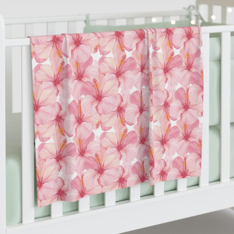 Pink Hibiscus Swaddle Blanket, Hawaii Baby Gift Idea, Floral Newborn