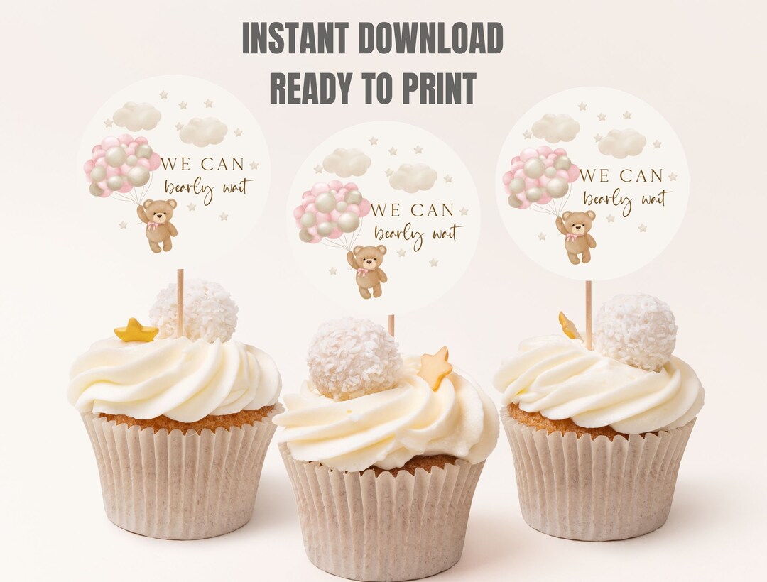Teddy Bear Baby Shower Cupcake Topper: Pink Boho Print (digital ...