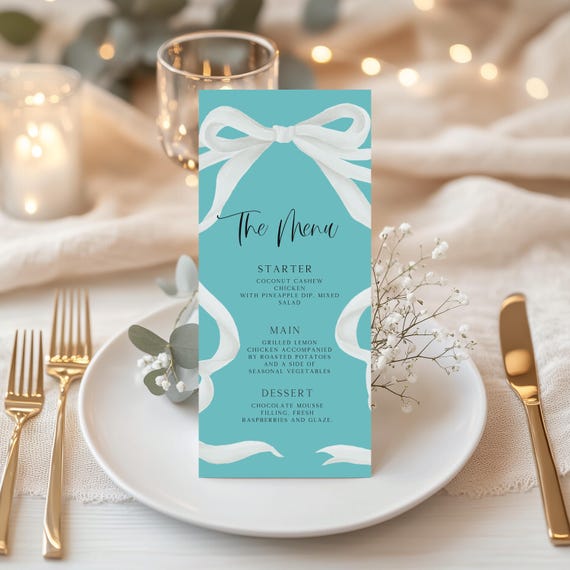 Editable White Coquette Bow Menu, Elegant Tiffany Inspired Party Design for Bridal Brunch, Birthday, Baby Shower, Bridal Shower,Graduation