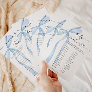 Editable Minimalist Blue Bow Design Baby Shower Games, Light Blue Coquette Bow Elegant Decor, Watercolor Blue Bow Baby Shower Idea