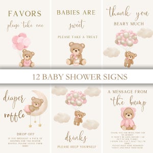 Teddy Bear Baby Shower Signs Editable Pink Brown Neutral Boho Decor Games for Girl Nursery Party
