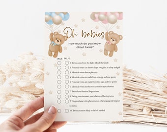 Twin Baby Shower Trivia Game: Teddy Bear Theme (PDF)