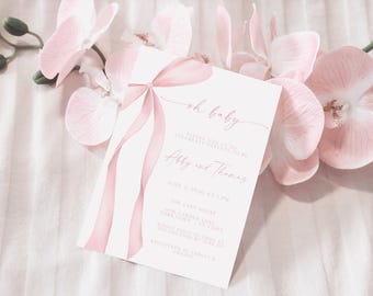 Blush Pink Bow Baby Shower Invitation: Minimalist Watercolor (Digital Download)