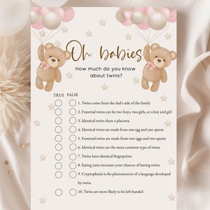 Twin Baby Shower Trivia Game: Pink Teddy Bear Theme (Instant Download)
