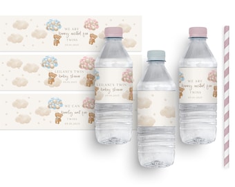 May include: Water bottle labels with a teddy bear holding balloons, clouds, and the text "We are berry excited for twins 05.01.2025" and "Leilani's twin baby shower 05.01.2025".